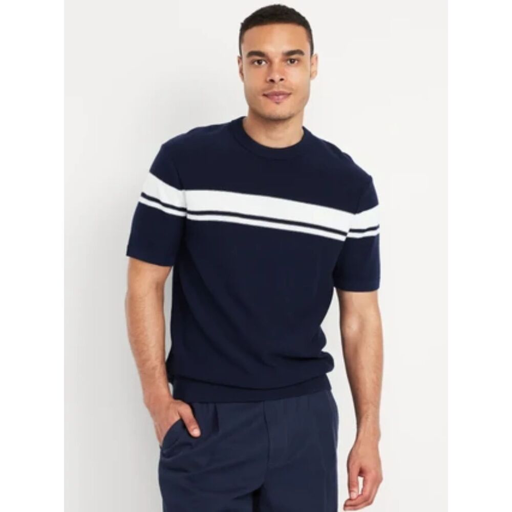 Old Navy Men's XXL Striped Short Sleeve Pullover Sweater 100% Cotton Blue White